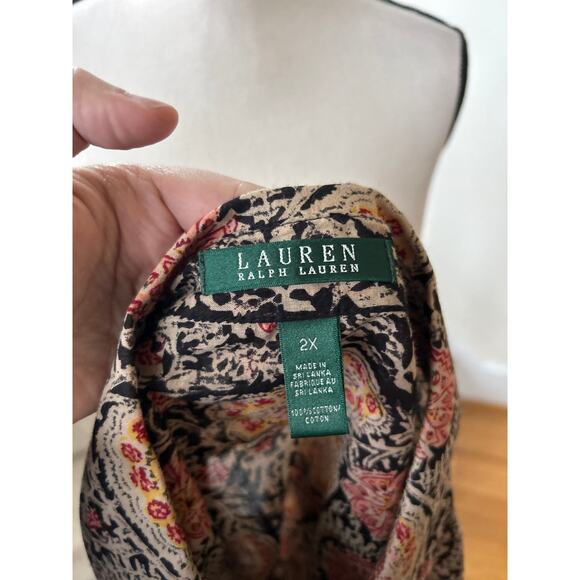 Ralph Lauren Black Orange Paisley Block Print Cotton Ruffle Button Down - Picture 6 of 7